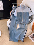 Zjkrl  -  holiday outfits Summer New Stitched Zipper T-shirt Top Female Set Elegant Women's Jeans Casual Blouse Two Piece Set Ladies Tracksuits