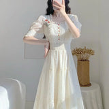 Vintage Lace Fairy Midi Dress Women 2024 Summer French Floral Elegant Party Princess Dress Ladies Party One-piece Dress Korean