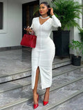 ZJKRL -  Women One-piece Dress Elegant Sexy V Neck Long Sleeve Dresses for Evening Parties Fall White Mid Length Dress with Sleeves