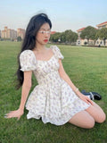 Zjkrl  -  High Waist Dress Women Summer Floral Sweet Square Collar Puff Sleeve Princess Girlish Tender Elegant Korean Style Preppy Chic