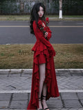 Zjkrl  -  Autumn Red Vintage Elegant Dress Women Flare Sleeve Designer Sweet Long Dress Female Ruffles Retro Princess Irregular Dress