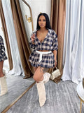 ZJKRL -  Plaid 2-Piece Set Women Zipper Long Sleeves Hooded Short Coat+Patchwork Elastic Waist Puffy Mini Skirt Matching Suits