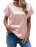 Zjkrl  -  holiday outfits Elegant Women's Blouse Solid Tees Summer Lady Short Sleeve Satin Shirt Loose Casual Round Neck T-shirt Tops S-XXL