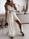 Zjkrl  -  Summer V Neck Solid Color Lace Hollow-Out Sleeveless Sling Party Wear High Waist Rompers Holiday Casual White Women's Jumpsuit