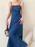 ZJKRL -  French Denim Camisole Dress For Women'S Summer Retro Washed High-Quality Fabric Design, Slim Slit Long Skirt