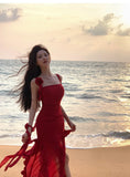 ZJKRL -  Fashionable Suspender Sexy Floral Red Dress Summer Print Elegant V-neck Pullover Tie Tight Women's Backless Long Dress Z639