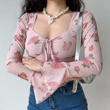 Zjkrl  -  holiday outfits  Summer Women Floral Printed Sweet Holiday T-shirts Mesh Beach Tees Top Flare Sleeve Square Collar Lace Up Shirt