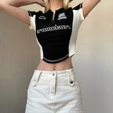 Zjkrl  -  Black Short Sleeve Women's T-shirt Summer Letter Embroidery Patchwork Sexy O-Neck Crop Top Casual Fashion Zippers T Shirt Female