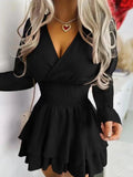 ZJKRL -  Evening Dress Women Long Sleeve Autumn V Neck Elegant Women Chic Promotion Dresses Elastic High Waist Pleated Sexy Short Dresses