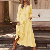 Retro Casual Loose Cotton Hemp Women Dress Button V-neck Long Sleeve Solid Color Dress Autumn Winter 2023 Elegant Party Vestidos