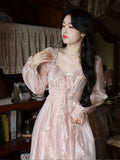 2024 Autumn Vintage Party Midi Dress Women Pink Fairy Korean Style Sweet Dress Female Bubble Sleeve Elegant Evening Party Dress