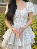 Zjkrl  -  High Waist Dress Women Summer Floral Sweet Square Collar Puff Sleeve Princess Girlish Tender Elegant Korean Style Preppy Chic
