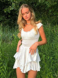 Zjkrl  -  White Dots Women Sleeveless Romper Tiered Wide Leg Summer Playsuit Elastic Smocking Square Collar Overall