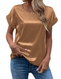 Zjkrl  -  holiday outfits Elegant Women's Blouse Solid Tees Summer Lady Short Sleeve Satin Shirt Loose Casual Round Neck T-shirt Tops S-XXL