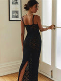 Sexy Lace See Through Split Women Long Dress Female Slash Neck Spaghetti Straps Slim Fit Dresses Summer Fashion Elegant Vestidos