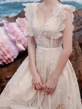 Zjkrl  -  holiday outfits Boho Summer Vintage Solid Sundress Women Lace Beach Sleeveless Runway Party Sexy Dresses Embroidery Dress Woman Backless