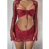 ZJKRL  -  Chic Summer Y2k Sexy 3-piece Set Skirt Suit Long Sleeve Cropped Top Bras Mini Skirts Beach Sets Women Clothing Trend Streetwear