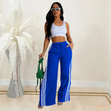 ZJKRL -  Casual High Waist Sports Pants Women Solid Stripe Patchwork Lace Up Home Party Sport Wear Wide Leg Pants Women