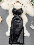 Zjkrl - Ins Fashion Women Christmas Red Long Dress High Waist Lace Patchwork Side Split Velvet Long Dress Party Vestidos