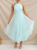 ZJKRL -  Elegant Pleated Mesh Maxi Wedding Dress Women Solid Halter High Waist Sleeveless Party Cocktail Bridesmaid Long Dresses