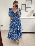 Zjkrl - Summer Dresses 2024 Fashion Women Clothing Ruffle Hem Elegant Midi Dress Crossover V Neck Short Puff Sleeve Print Casual Dress