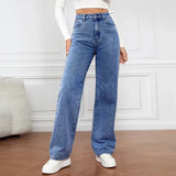 Zjkrl  -  Denim Jeans Women Straight Pants Washing High Waist Loose Pockets Basics Ankle Length Y2k Blue Pants Streetwear Slight Strech
