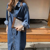 Zjkrl - Casual Long-sleeved Blue Denim Dress Pocket Elegant Denim Fashion Slim Denim Dress 2024 New Autumn and Winter Shirt Women Dress