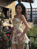 ZJKRL -  Puss Flower Print 2-Piece Set Women Y2K Single-Breasted Metal Buckle Wrap Top+Lace Folds Hem Skirt Sweet Matching Suits