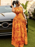 ZJKRL -  Ladies Long Sleeveless Dress Low Waisted Print Dresses Women Summer Sexy Orange Elegant and Chic Dress