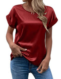Zjkrl  -  holiday outfits Elegant Women's Blouse Solid Tees Summer Lady Short Sleeve Satin Shirt Loose Casual Round Neck T-shirt Tops S-XXL
