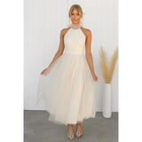 ZJKRL -  Elegant Pleated Mesh Maxi Wedding Dress Women Solid Halter High Waist Sleeveless Party Cocktail Bridesmaid Long Dresses