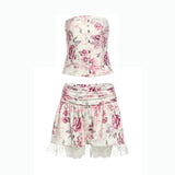 ZJKRL -  Puss Flower Print 2-Piece Set Women Y2K Single-Breasted Metal Buckle Wrap Top+Lace Folds Hem Skirt Sweet Matching Suits