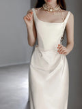 Zjkrl  -  Satin Mermaid Wedding Dresses Ivory Pleated Scoop Neck Spaghetti Strap Chapel Train For Beach Party Slim Long Bride Gowns