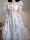 White Korean Elegant Dress Women 2024 Summer Chiffon Vintage Fairy Dresses Female Ruffles Korean Style Fashion Princess Dresses