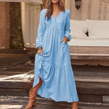 Retro Casual Loose Cotton Hemp Women Dress Button V-neck Long Sleeve Solid Color Dress Autumn Winter 2023 Elegant Party Vestidos