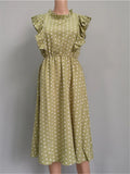 Zjkrl  -  Summer Ladies Elegant Dot Print Chic Dress Women Casual Butterfly Sleeve Ruffles Medium Long Chiffon Dress