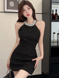 Zjkrl  -  Sexy Halter Mini Dress Women Sleeveless Rhinestone Patchwork Shiny Slim Fashion Backless Evening Party Dresses Club Prom Vestido