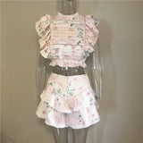 Zjkrl  -  New Summer Sunday Set elastic waistband Cropped top with ruffle detail and cute ruffle mini shorts skirts
