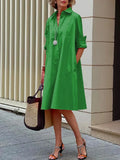 ZJKRL -  Solid Color Shirt Dress for Women Cotton-blended Long Sleeves Midi Dress 2025 Buttoned Loose Fit Commuter Outerfits