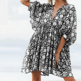 Zjkrl - Autumn Boho Women Dresses Casual Loose Waist V-neck Lantern Sleeve Mini Dress Fashion Ladies Elegant Floral Print Party Vestidos