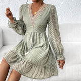 Women's 2023 Casual Fall Dress Long Sleeve Lace Trim V Neck Belted Short A Line Flowy Dress