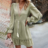 Women's 2023 Casual Fall Dress Long Sleeve Lace Trim V Neck Belted Short A Line Flowy Dress