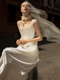Zjkrl  -  Satin Mermaid Wedding Dresses Ivory Pleated Scoop Neck Spaghetti Strap Chapel Train For Beach Party Slim Long Bride Gowns
