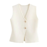 Zjkrl  -  Gold Button Knitted Tank Top Women Autumn Winter Burgundy Short Vest Sleeveless V Neck Chic New Fashion Tops