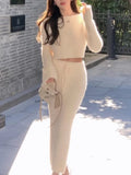 Zjkrl  -  Autumn Winter Knitted Two Piece Set Women Elegant Slim Long Sleeve Top Drawstring Package Hip Skirt Sweater Female Outfits New
