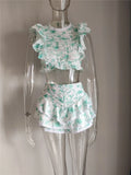 Zjkrl  -  New Summer Sunday Set elastic waistband Cropped top with ruffle detail and cute ruffle mini shorts skirts