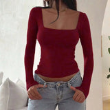 Zjkrl  -  New Women T-shirt Autumn Sexy Low Chest Solid Elegant T-shirt Streetwear Fashion Long Sleeves Casual Slim Versatile Female Tees