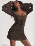 Zjkrl - Elegant Multilayer Lace Backless Mini Dress Women Brown Square Collar Long Flare Sleeve Club Party Sexy Dress Autumn