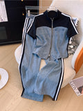 Zjkrl  -  holiday outfits Summer New Stitched Zipper T-shirt Top Female Set Elegant Women's Jeans Casual Blouse Two Piece Set Ladies Tracksuits