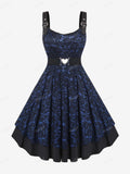 Plus Size Vintage Floral Lace Jacquard Buckled Straps Dress With Belt Deep Blue Fashion Party Holiday Dresses Vestidos